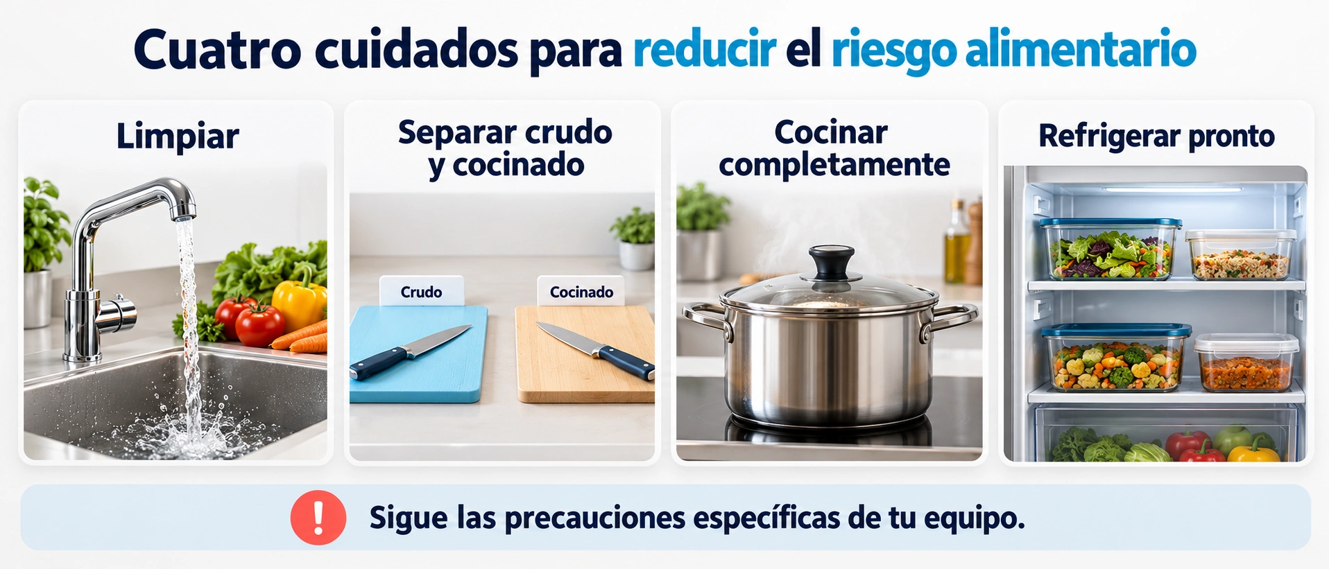 Limpiar, separar, cocinar y refrigerar son prácticas esenciales de seguridad alimentaria.