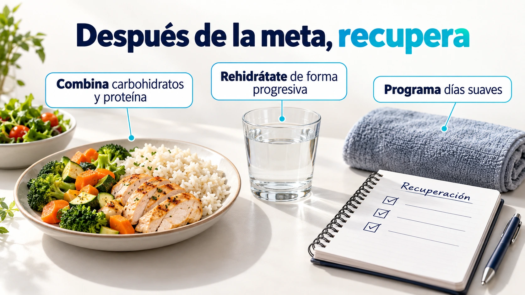 Agua, una comida con carbohidratos y proteína, y un registro de días suaves como apoyos para recuperarse tras la carrera.
