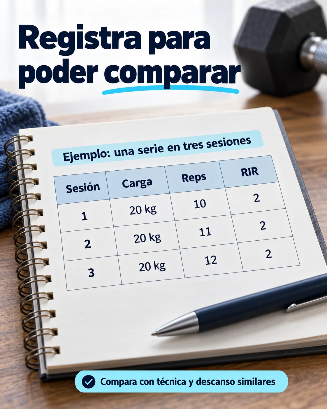 Registro de carga, repeticiones y RIR de una serie comparable en tres sesiones de entrenamiento.