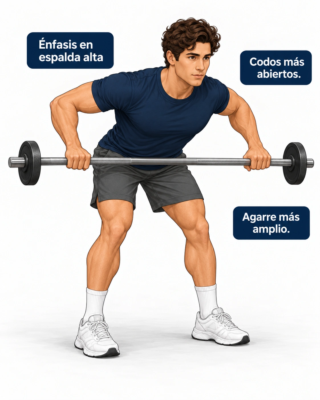 Explicar agarre más amplio y codos abiertos.