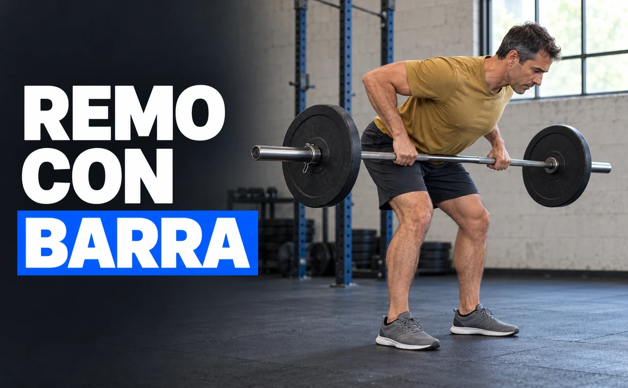 Deportista con el tronco inclinado realizando un remo con barra, con los codos hacia atrás y la barra cerca del abdomen. Titular: «Remo con barra».