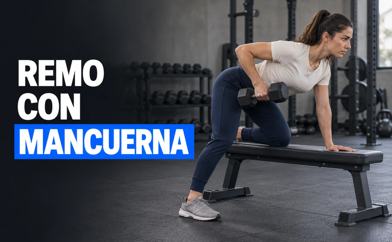 Mujer joven y atlética realizando un remo con mancuerna con una mano y una rodilla apoyadas en un banco, junto al titular «Remo con mancuerna».