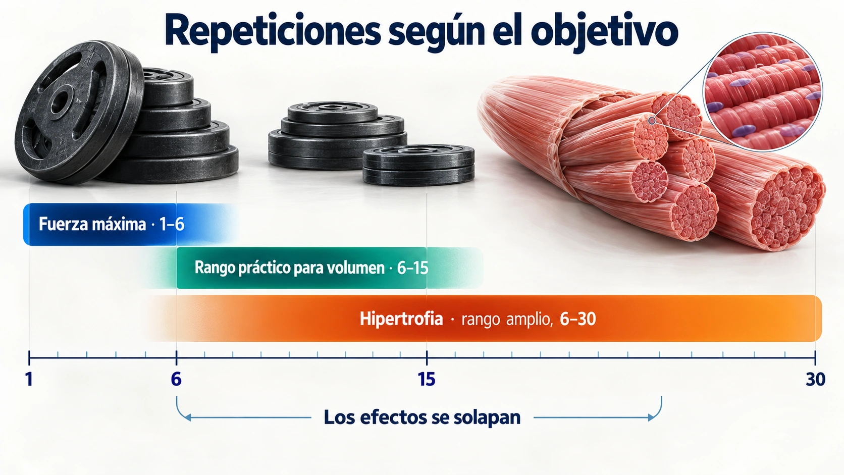 Los rangos de repeticiones para fuerza e hipertrofia se solapan y dependen del objetivo