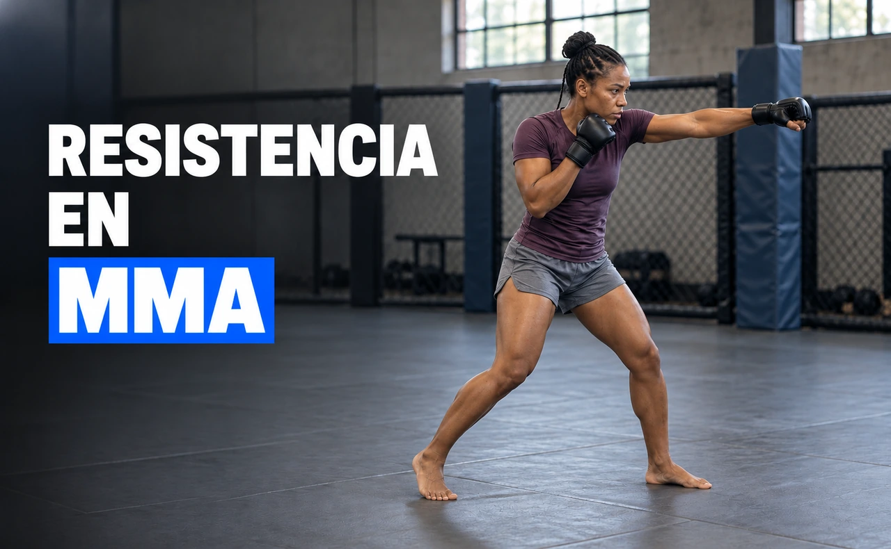 Mujer practicando shadowboxing con guantes de MMA y la otra mano en guardia en un gimnasio, con el titular «Resistencia en MMA».