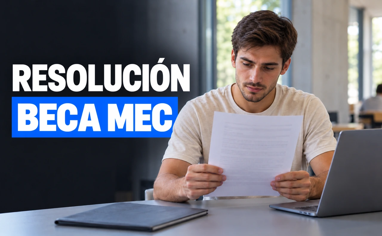 Estudiante joven leyendo un documento junto a un portátil, con el titular «Resolución Beca MEC».