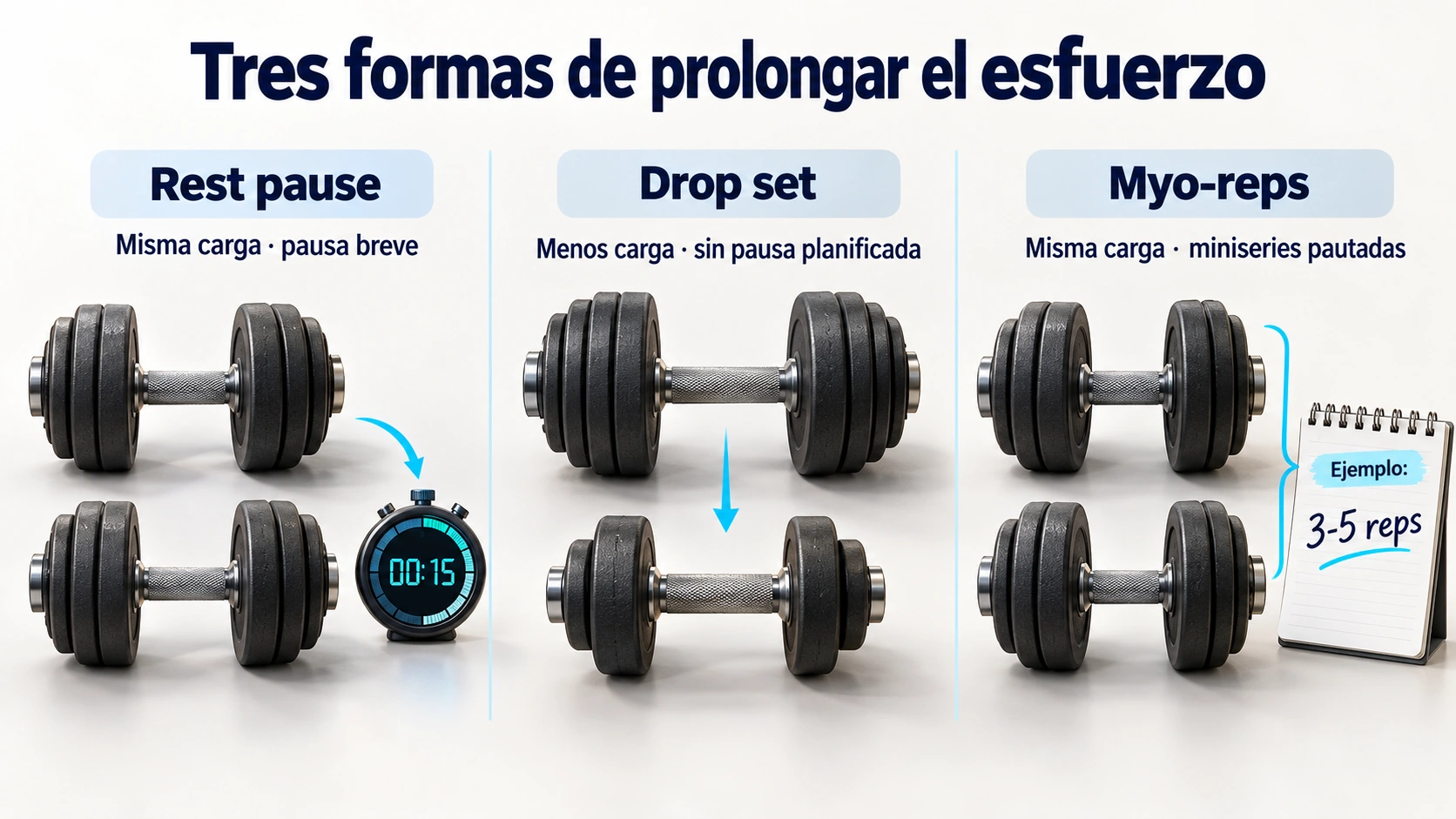 Rest pause conserva la carga, drop set la reduce y myo-reps estructura las miniseries