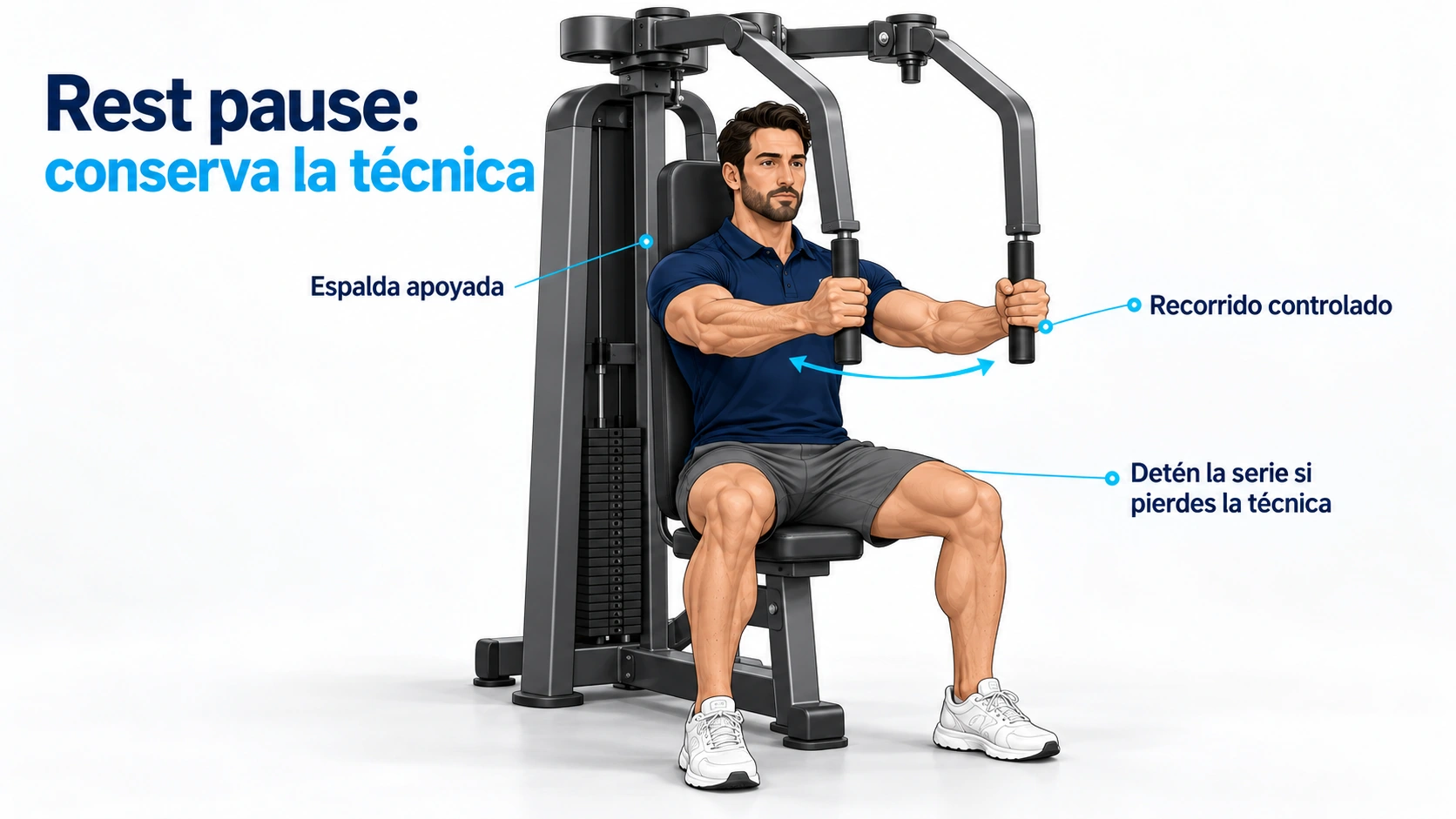 En el pec deck se mantiene el apoyo del tronco y el recorrido controlado al usar rest pause