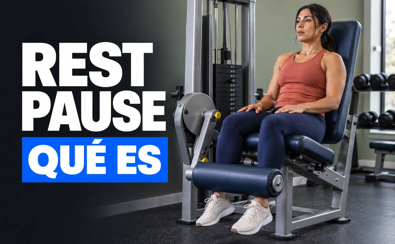 Mujer descansando sentada en una máquina de extensión de piernas, con las manos sobre los muslos. Titular: «Rest pause: qué es».