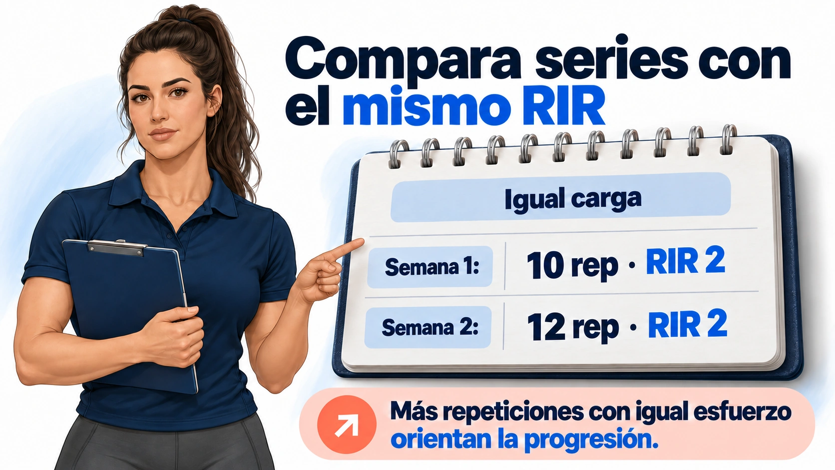 Registro de dos semanas con igual carga y RIR para valorar la progresión de repeticiones.
