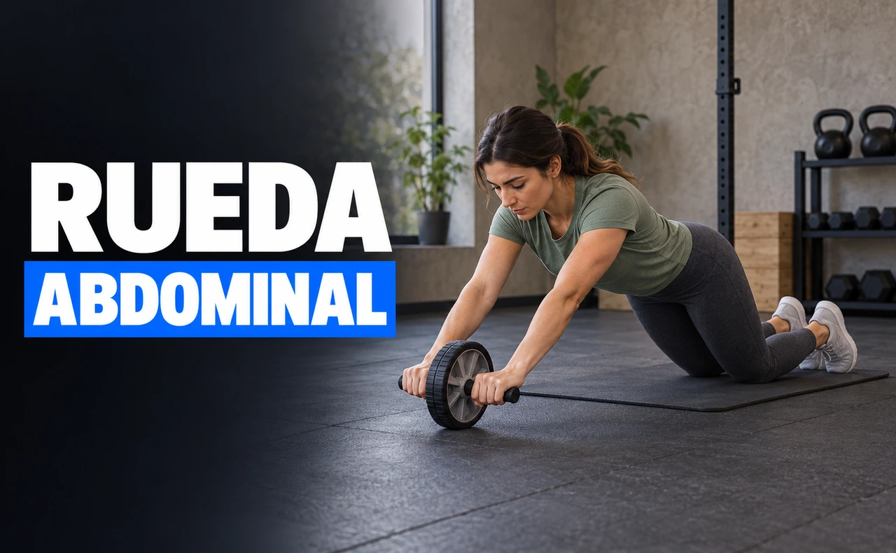 Mujer joven y atlética realizando un recorrido controlado con rueda abdominal desde las rodillas, junto al titular «Rueda abdominal».