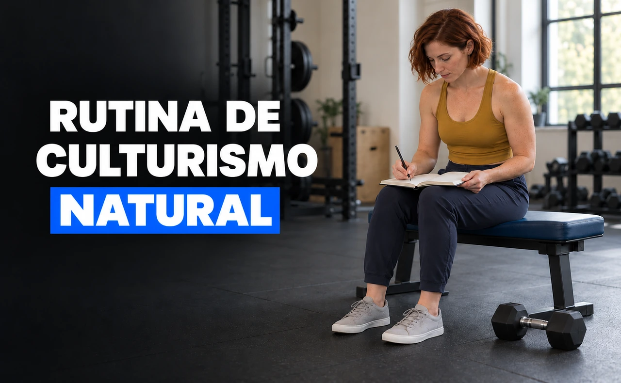 Mujer anotando su entrenamiento en un cuaderno, sentada en un banco de gimnasio junto a una mancuerna. Titular: «Rutina de culturismo natural».