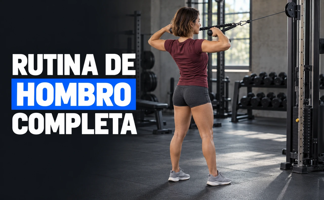Deportista joven realizando un face pull con cuerda en polea, junto al titular «Rutina de hombro completa».