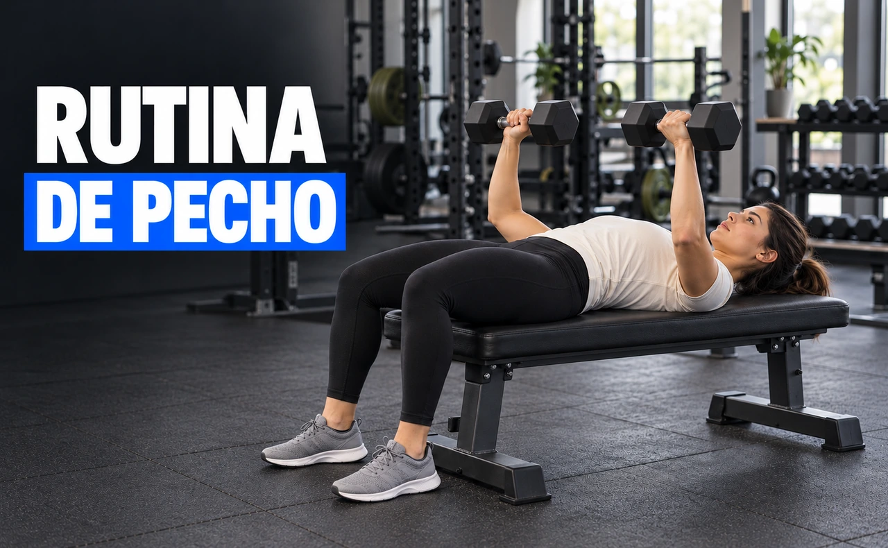 Deportista joven realizando un press de pecho con dos mancuernas sobre un banco plano, junto al titular «Rutina de pecho».