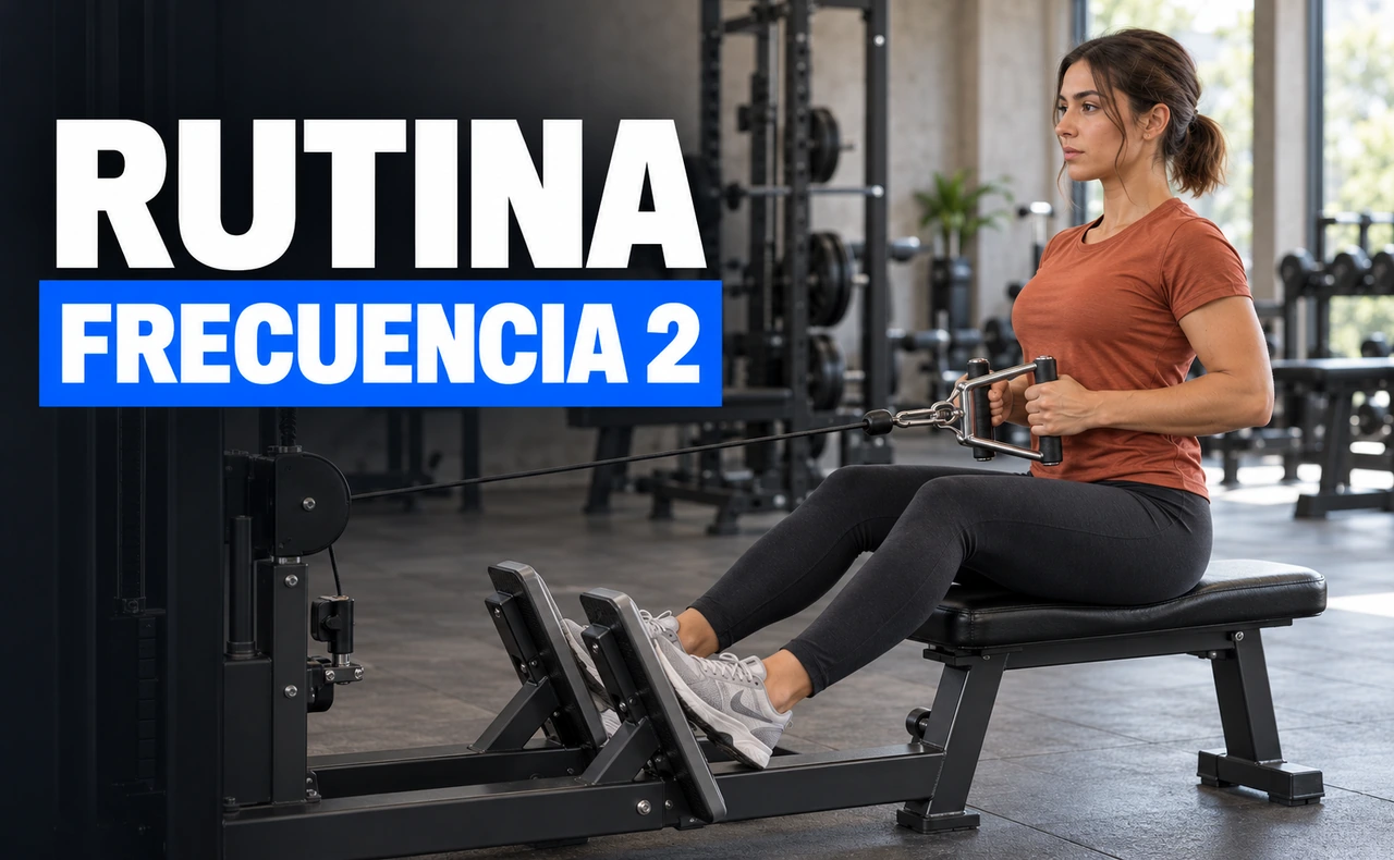 Joven atlética con camiseta naranja realizando un remo sentado en polea, con ambas manos en el agarre y los pies apoyados. Titular: «Rutina frecuencia 2».