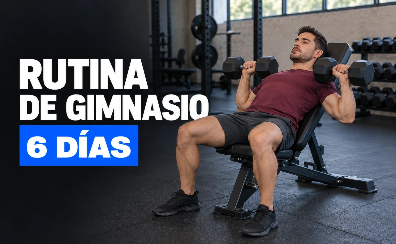 Joven atlético con camiseta granate realizando un press inclinado con dos mancuernas, con la espalda apoyada en un banco de gimnasio. Titular: «Rutina de gimnasio 6 días».