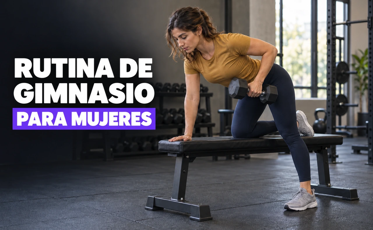 Deportista joven realizando un remo con mancuerna apoyada en un banco, junto al titular «Rutina de gimnasio para mujeres».