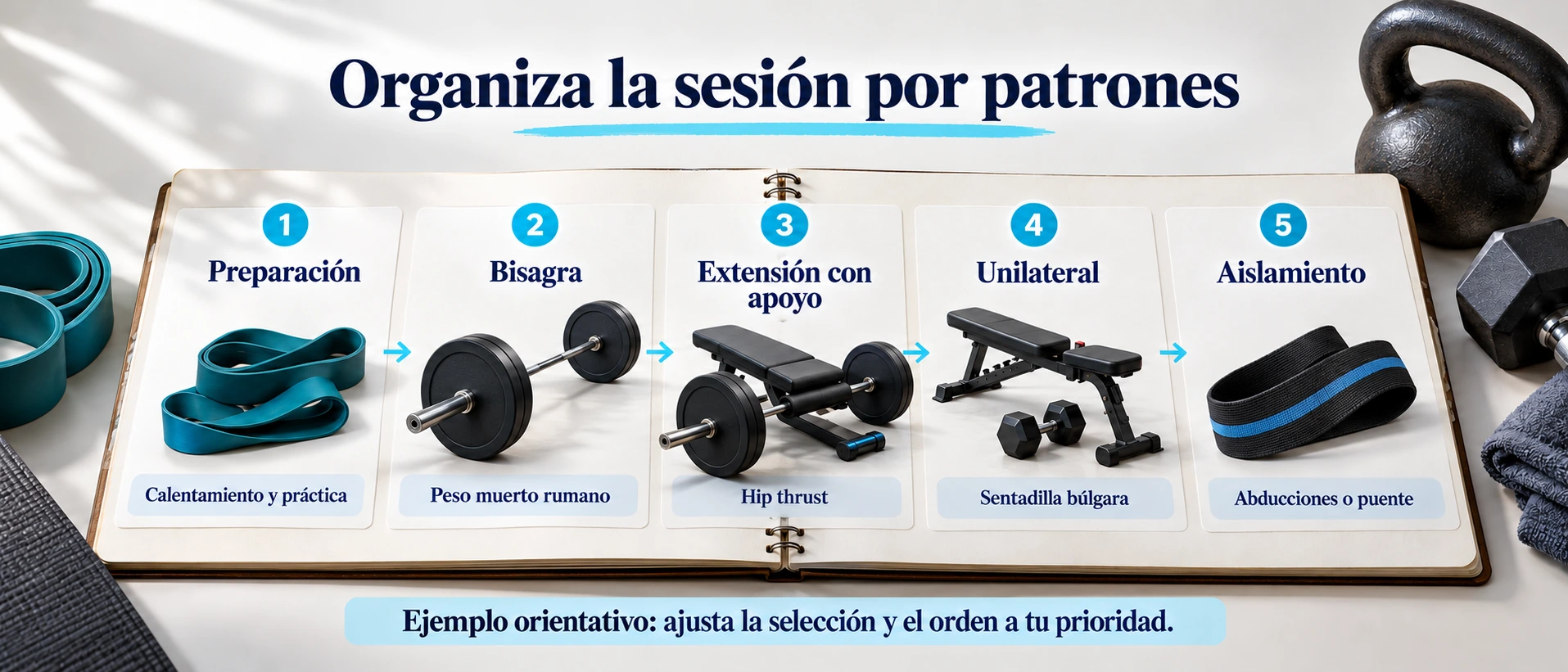 Ejemplo orientativo de organización de una sesión de glúteos por patrones de movimiento.