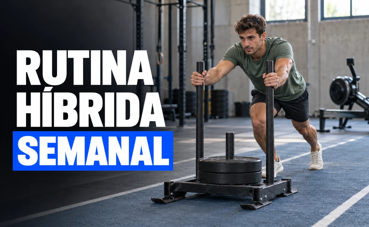 Deportista joven con camiseta verde empujando un trineo con discos en un gimnasio, con una máquina de remo al fondo y el titular «Rutina híbrida semanal».