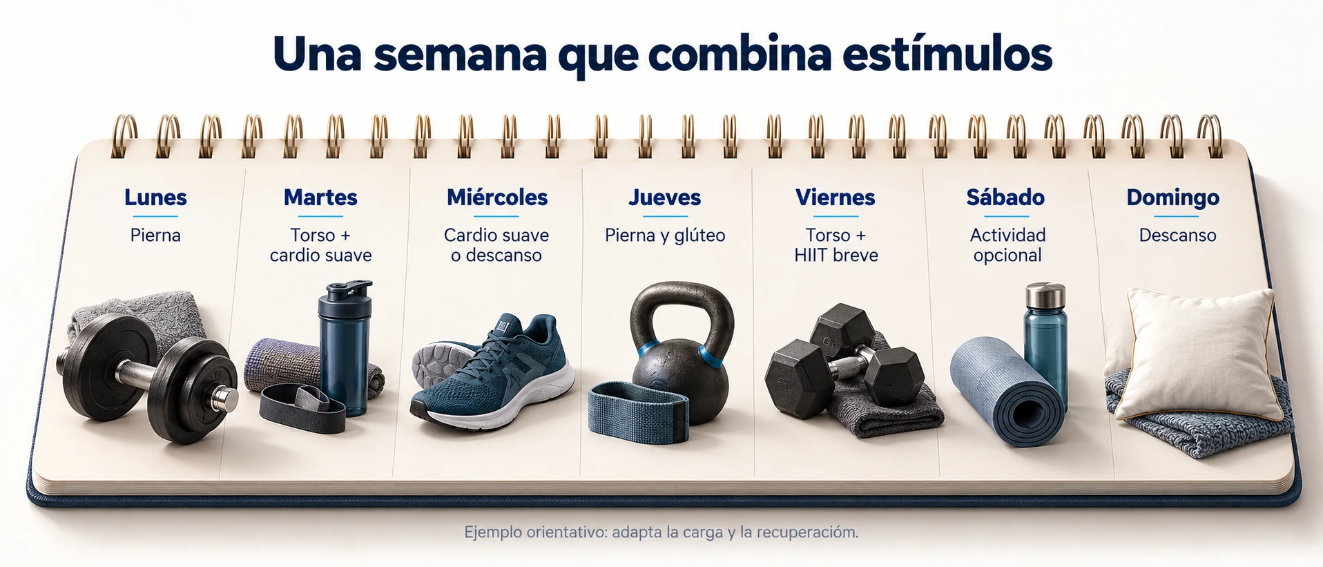 Ejemplo semanal con cuatro días de fuerza, cardio dosificado, actividad opcional el sábado y descanso el domingo.