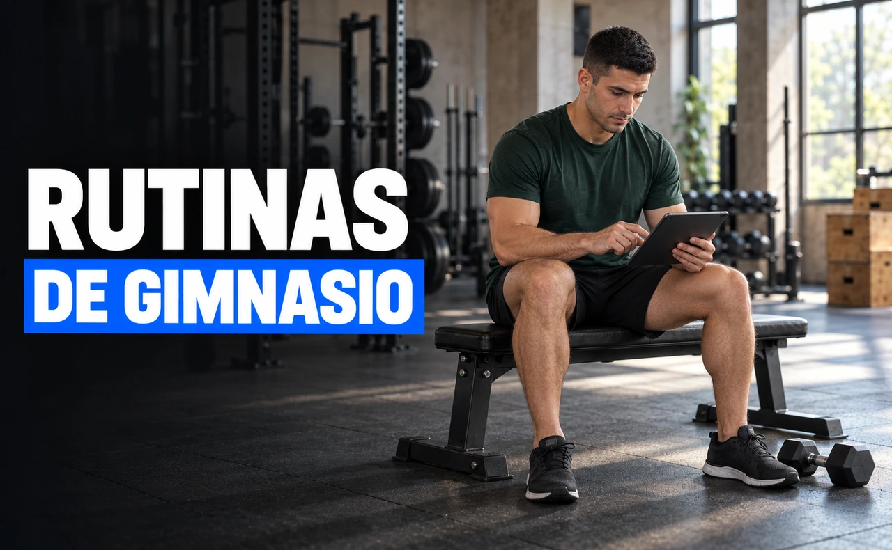 Deportista joven sentado en un banco de gimnasio revisando una tableta, con una mancuerna a su lado y el titular «Rutinas de gimnasio».