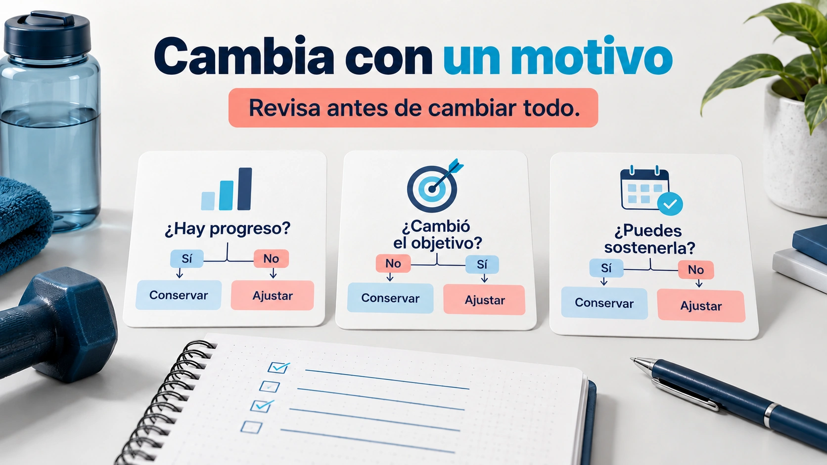 Tres preguntas con ramas sí y no para valorar si conservar o ajustar una rutina.