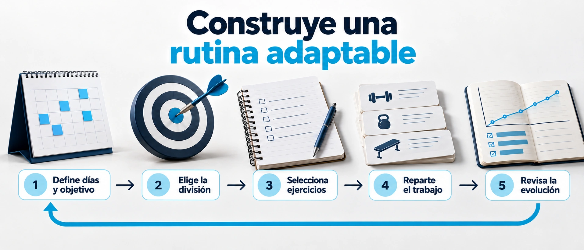 Cinco pasos para construir y revisar una rutina adaptable al contexto personal.