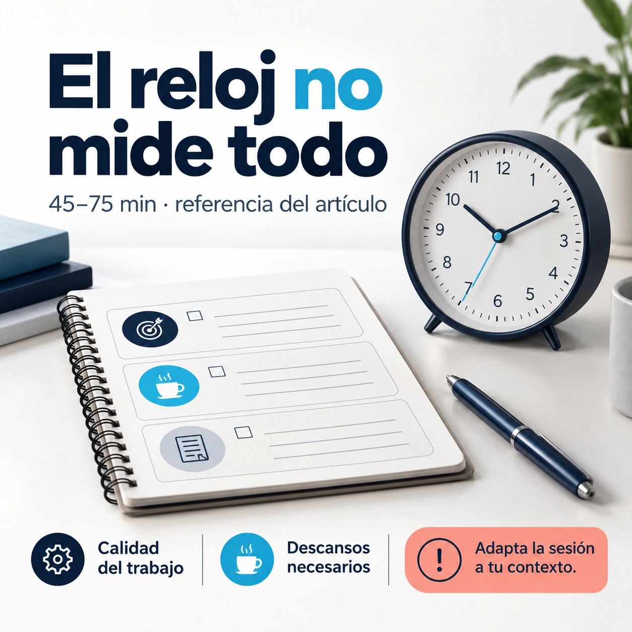 Duración orientativa de sesión junto con calidad del trabajo, descanso y adaptación personal.