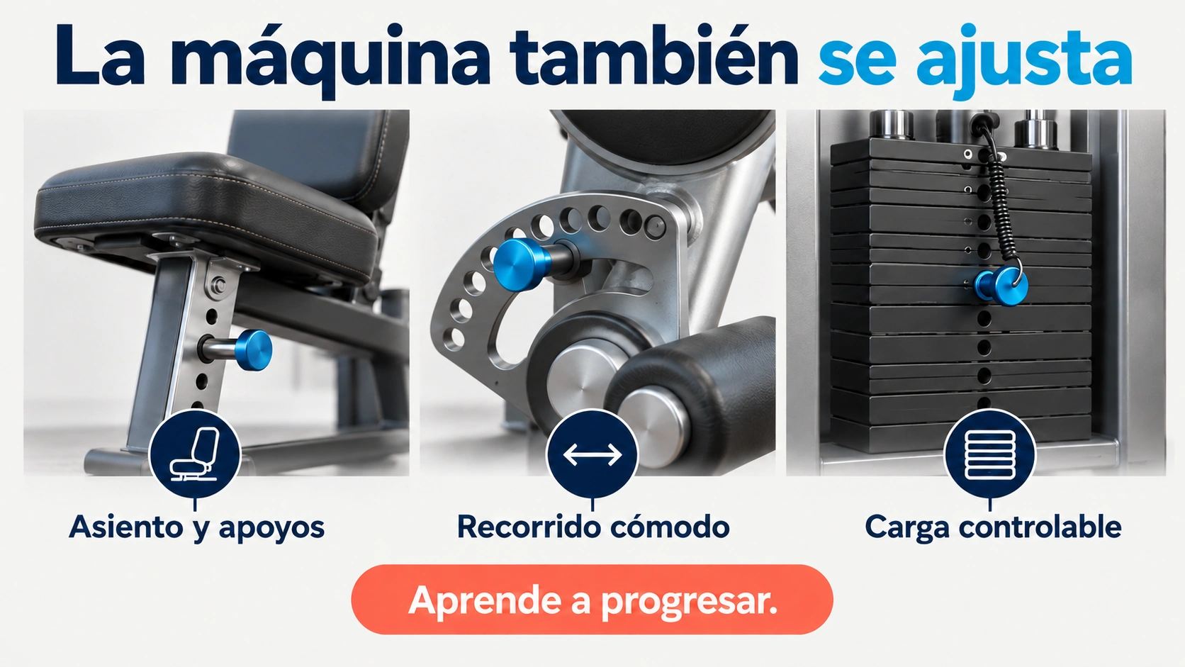 Primeros planos de los ajustes de asiento, recorrido angular y selección de carga en máquinas.