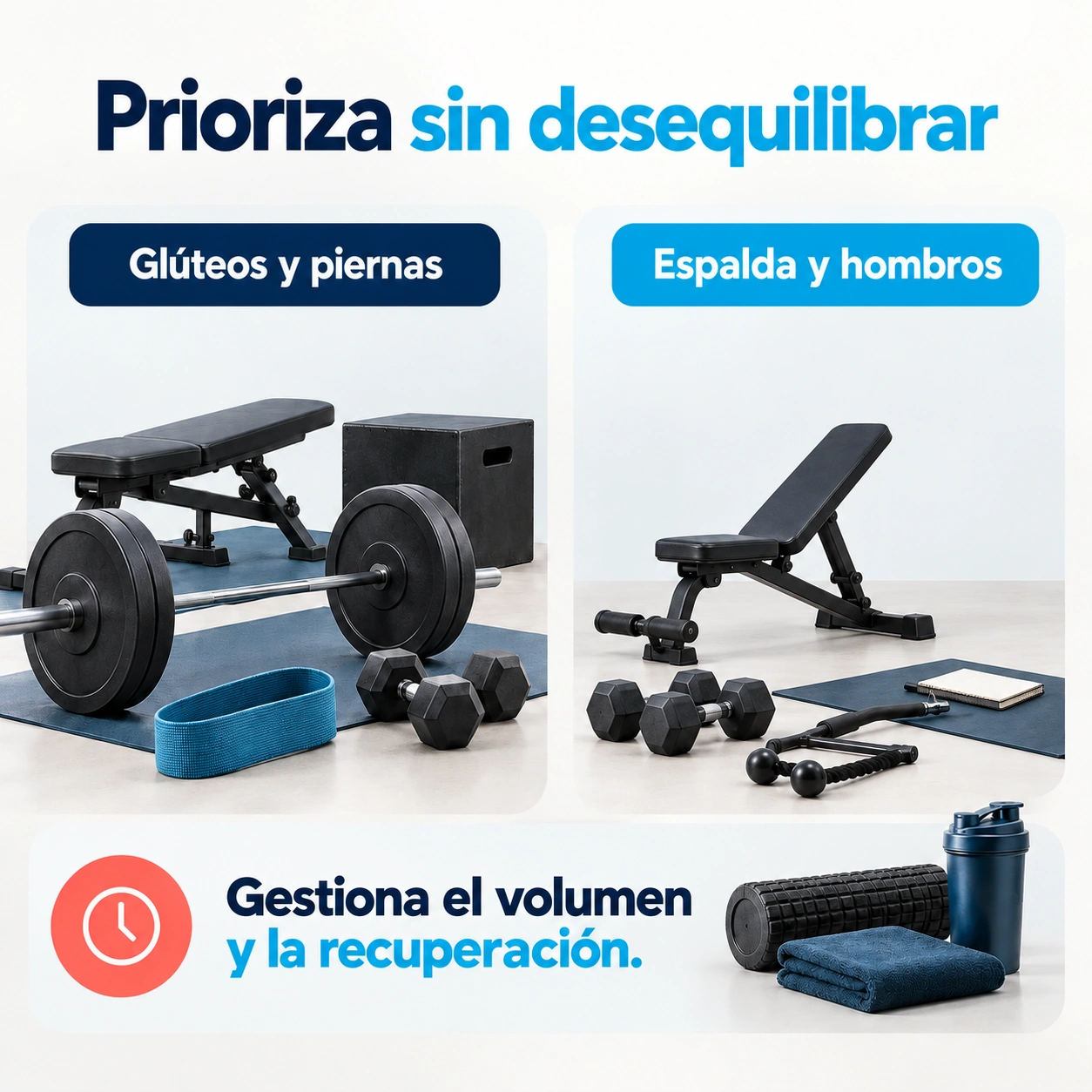 Prioridad de glúteos y piernas compatible con trabajo de espalda y hombros y recuperación.
