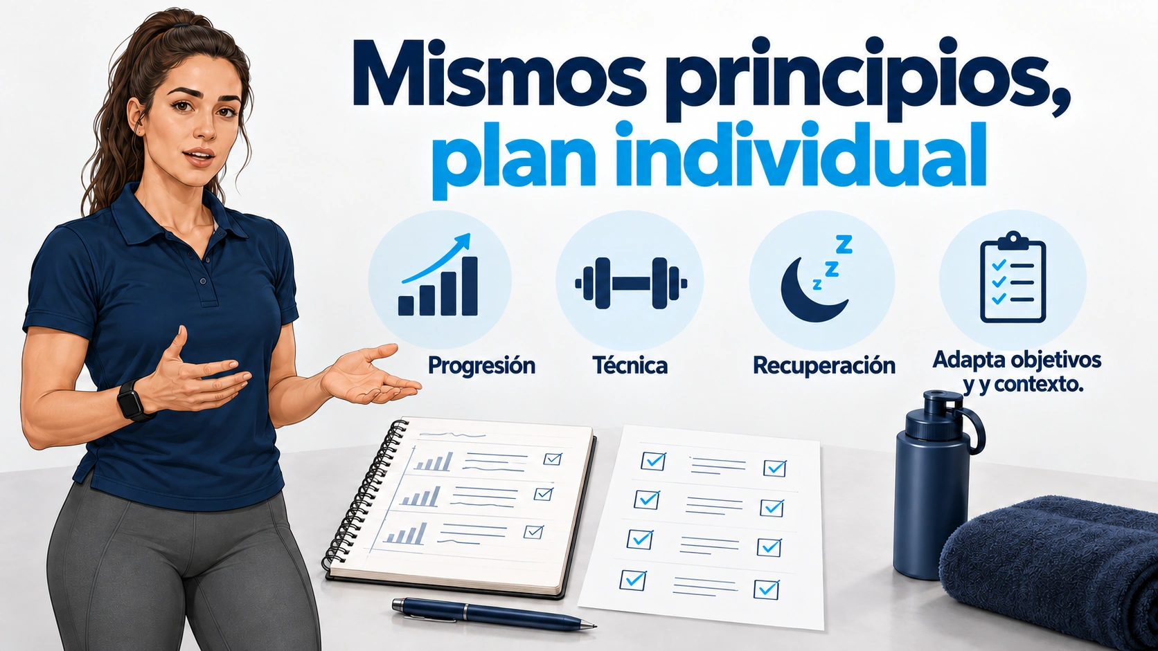 Entrenadora que explica progresión, técnica y recuperación dentro de una planificación individual.