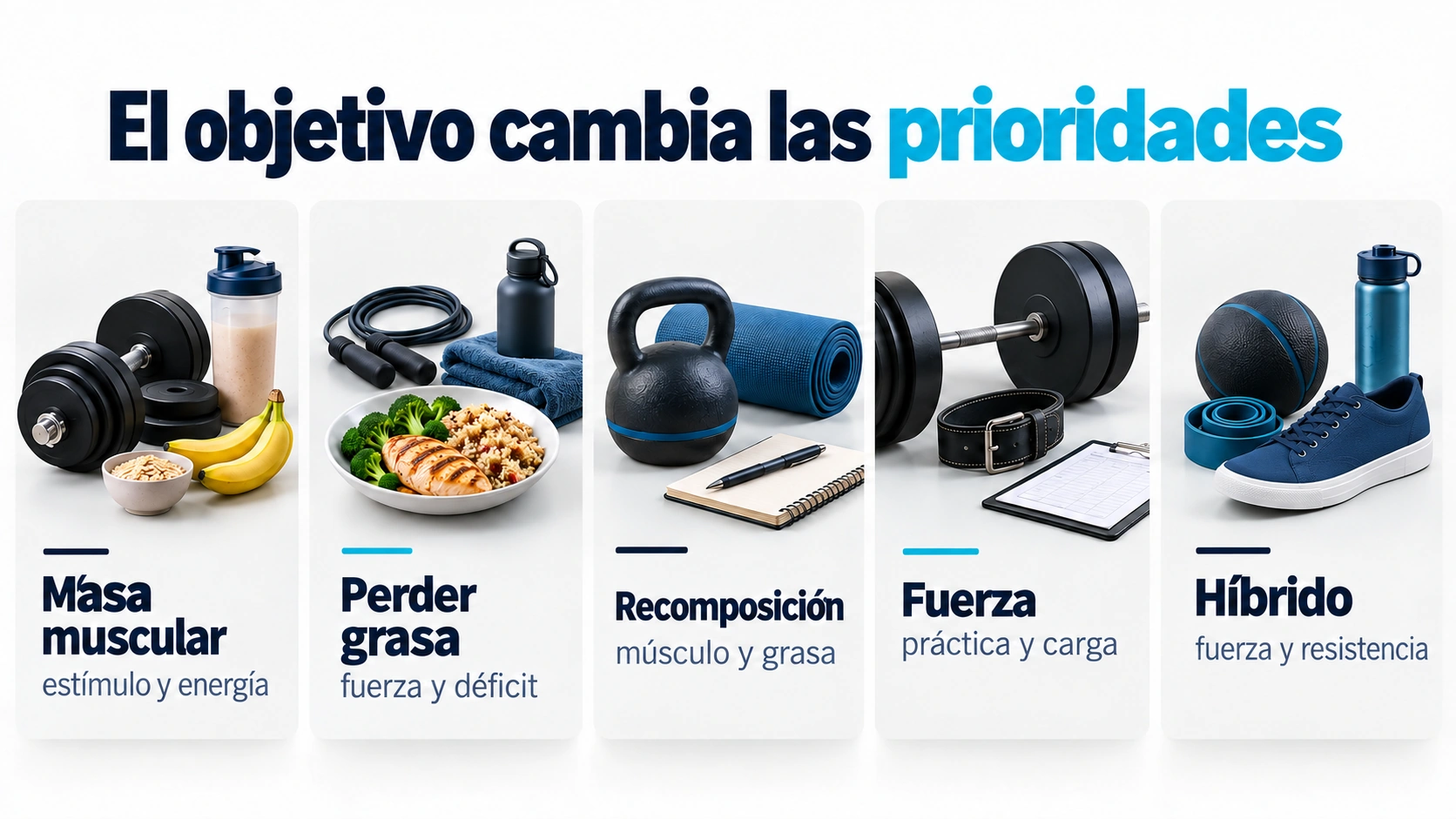 Cinco objetivos de entrenamiento y sus prioridades: masa muscular, pérdida de grasa, recomposición, fuerza e híbrido.