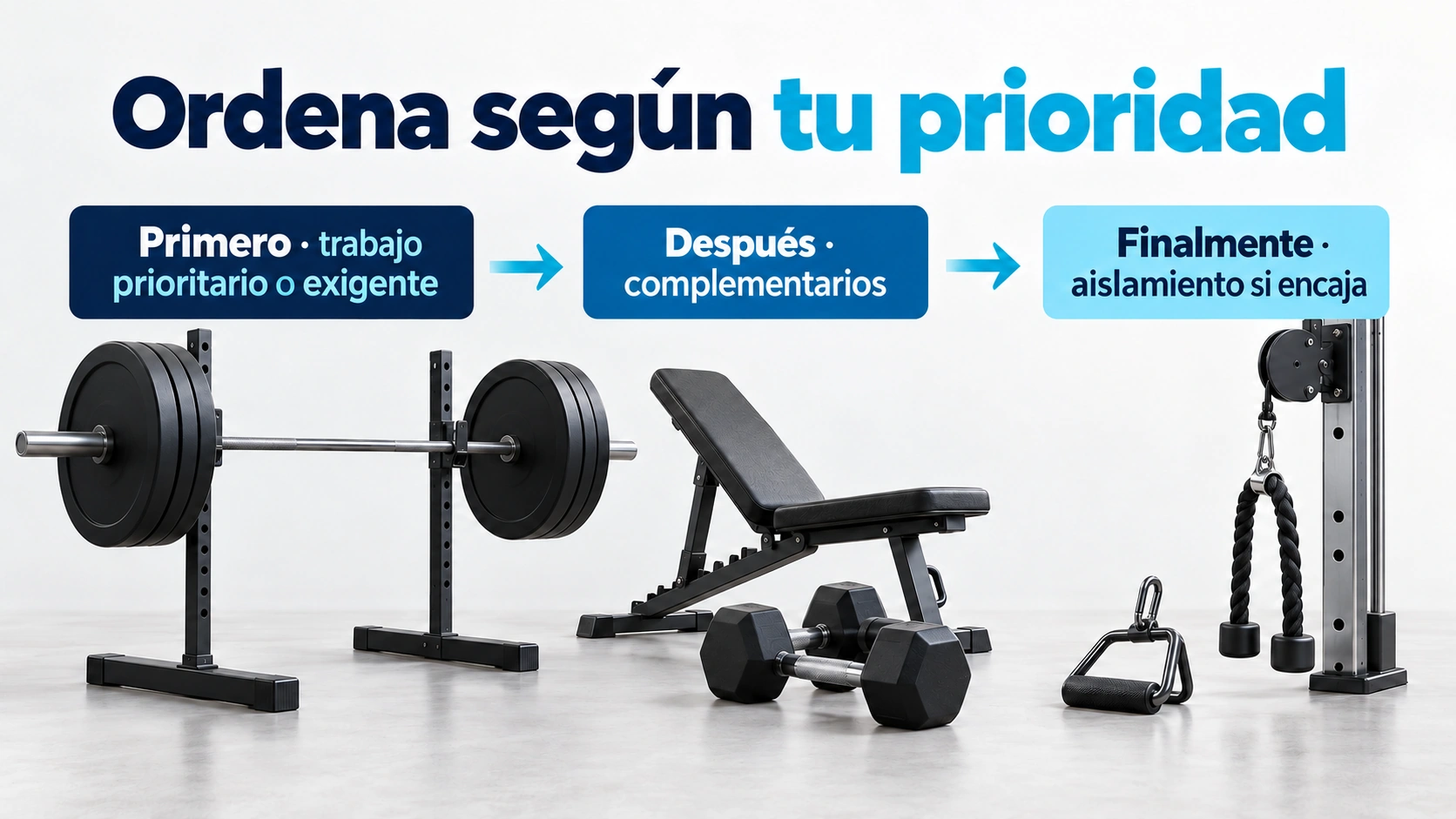 Orden del entrenamiento según prioridad, ejercicios complementarios y aislamiento cuando encaja.