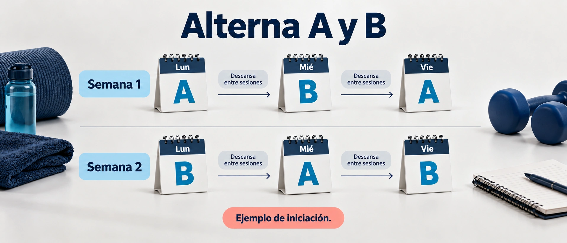 Alternancia de sesiones A-B-A y B-A-B en dos semanas con descanso entre entrenamientos.