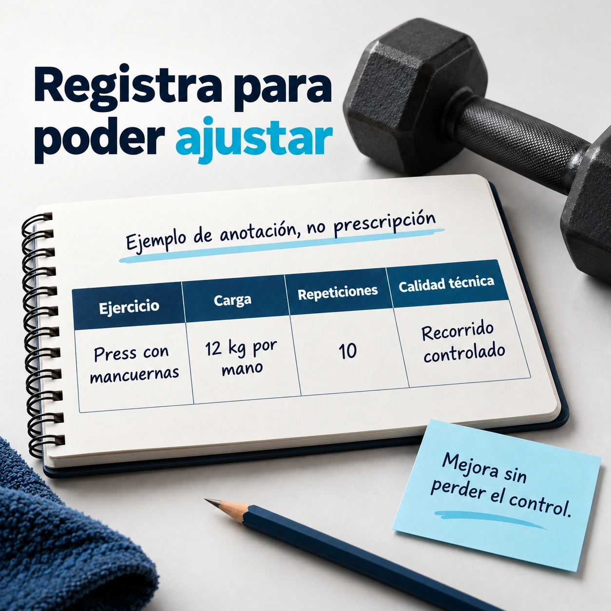 Ejemplo ilustrativo de registro de ejercicio, carga, repeticiones y calidad técnica.