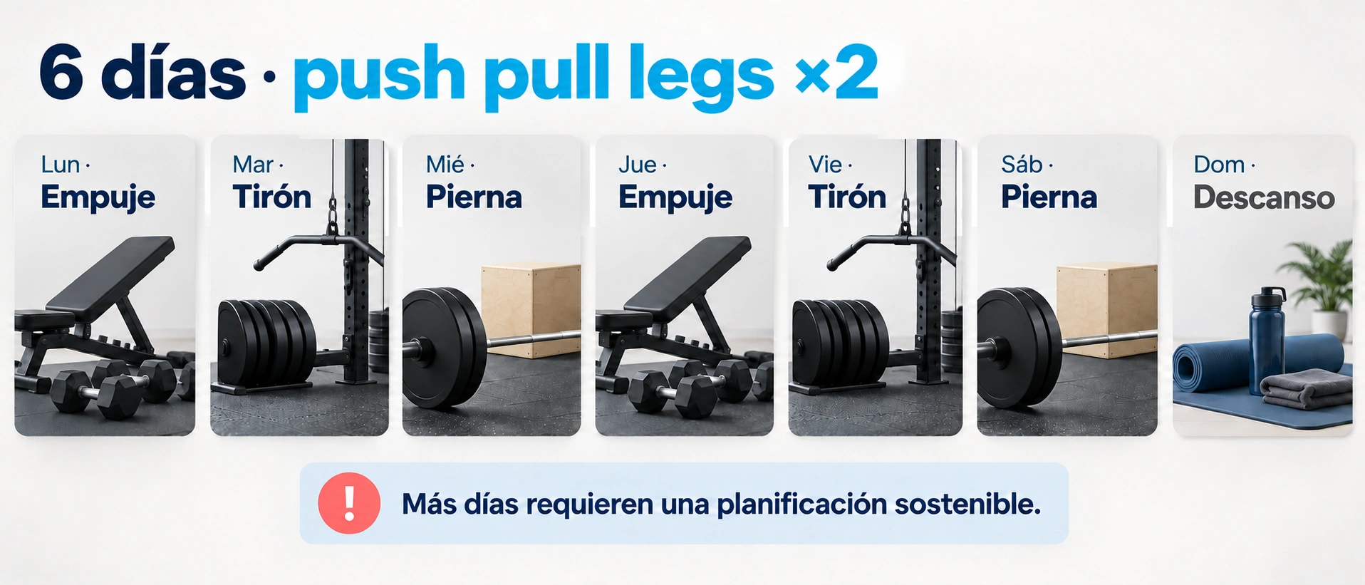 Calendario de seis días con empuje, tirón y pierna repetidos dos veces y descanso el domingo.