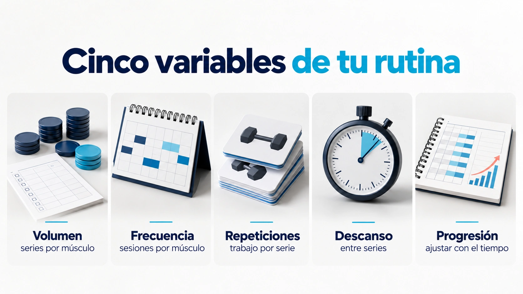 Volumen, frecuencia, repeticiones, descanso y progresión como variables distintas de una rutina.