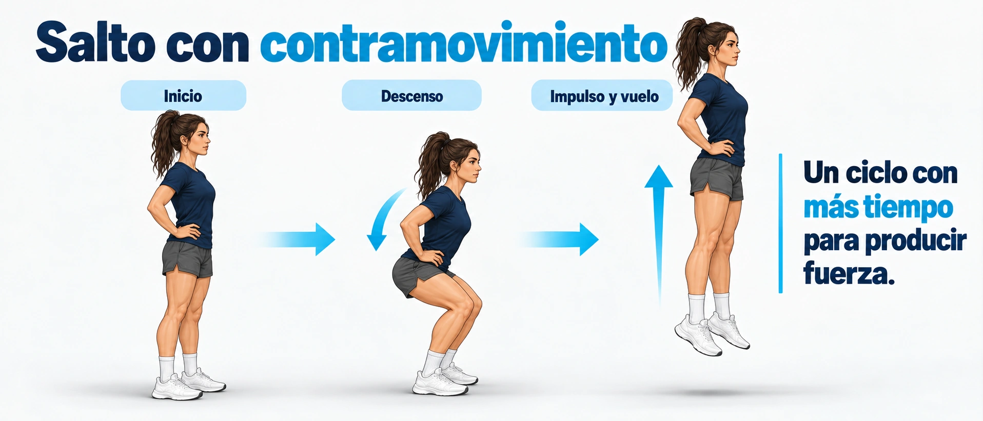 El salto con contramovimiento enlaza un descenso controlado con un impulso vertical y permite observar un ciclo de mayor duración.