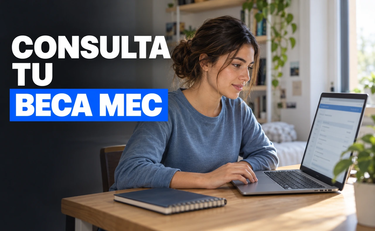 Estudiante joven consultando un portátil en un escritorio, junto al titular «Consulta tu Beca MEC».