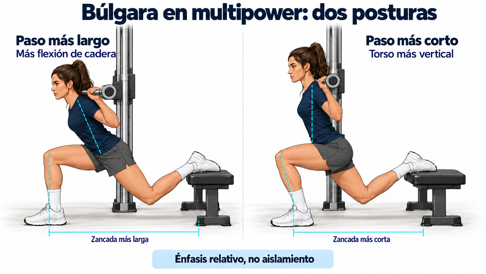 Dos posturas de sentadilla búlgara en multipower con paso más largo y flexión de cadera o paso más corto y torso más vertical