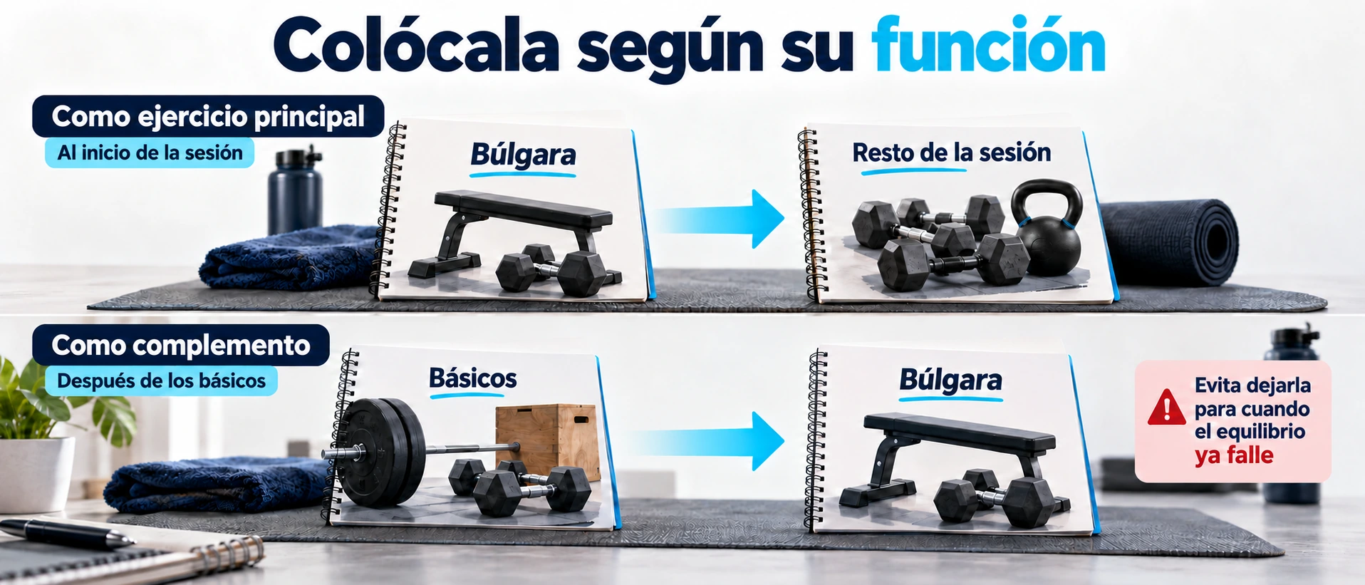 Orden de la sentadilla búlgara en la rutina como ejercicio principal o complemento