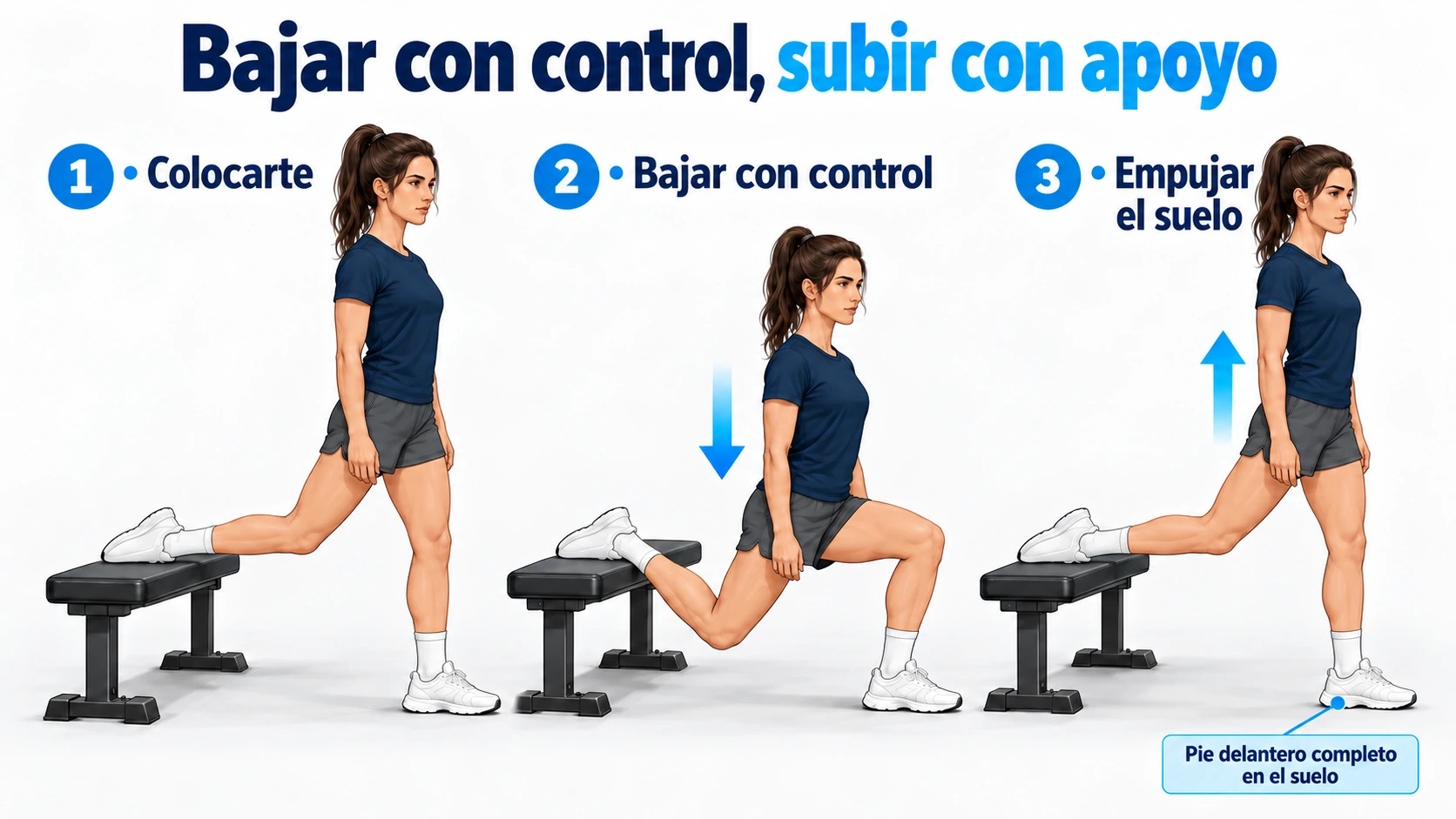 Tres fases de la sentadilla búlgara: colocación, descenso y subida