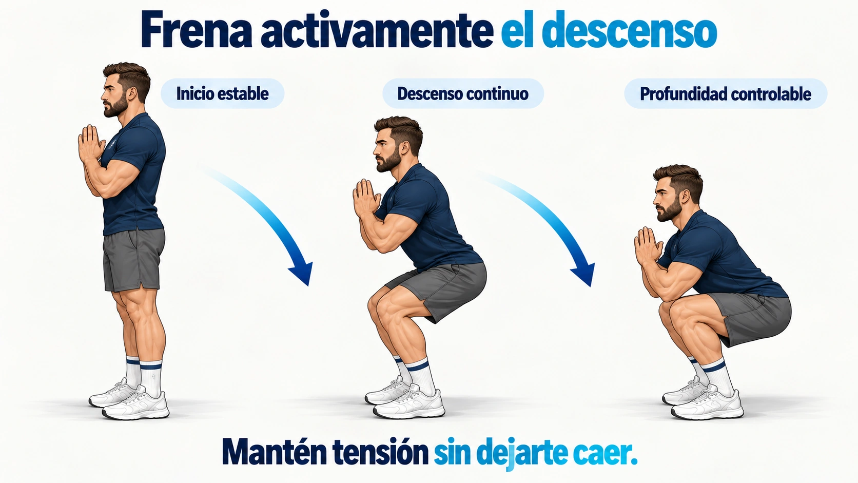 Secuencia de descenso controlado en sentadilla manteniendo apoyos y coordinación articular