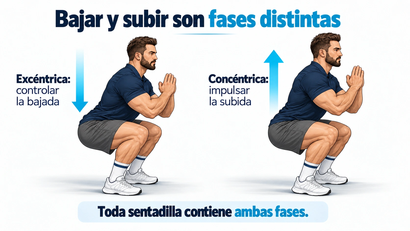 Fases excéntrica y concéntrica de la sentadilla con direcciones de bajada y subida