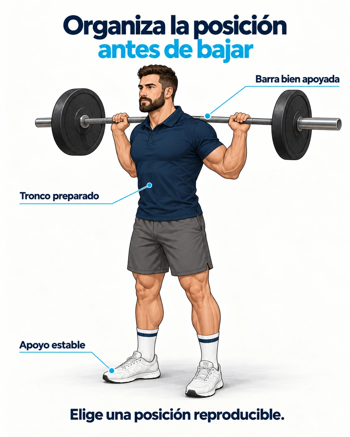 Preparación de la sentadilla con barra, apoyo estable de pies y tronco organizado