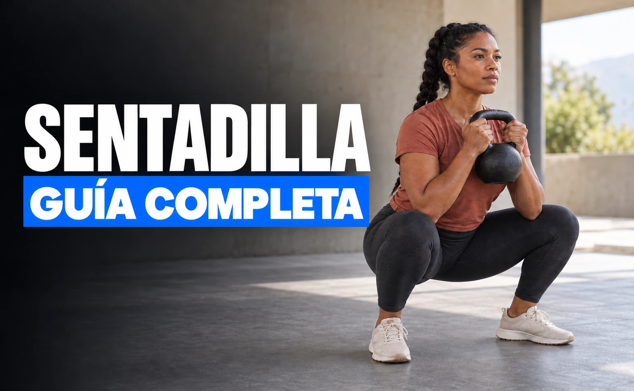 Mujer con camiseta terracota realizando una sentadilla goblet con kettlebell, con ambos pies apoyados en el suelo. Titular: Sentadilla, guía completa.