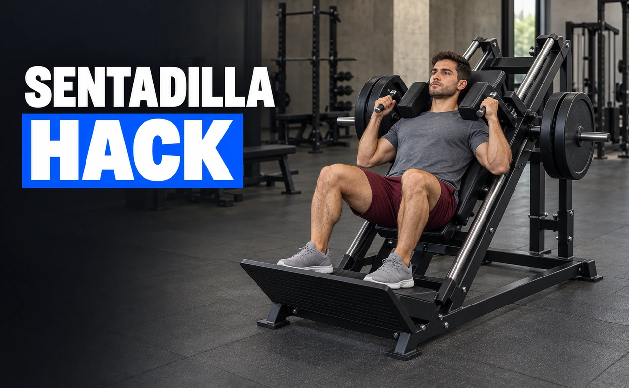 Hombre joven y atlético realizando sentadilla hack en máquina inclinada, con la espalda apoyada y los pies sobre la plataforma, junto al titular «Sentadilla hack».