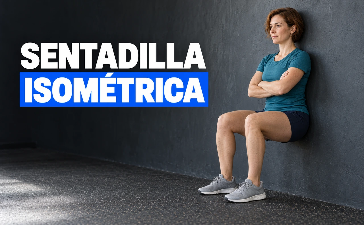 Mujer con camiseta azul petróleo manteniendo una sentadilla contra la pared, con brazos cruzados y ambos pies apoyados en el suelo. Titular: Sentadilla isométrica.