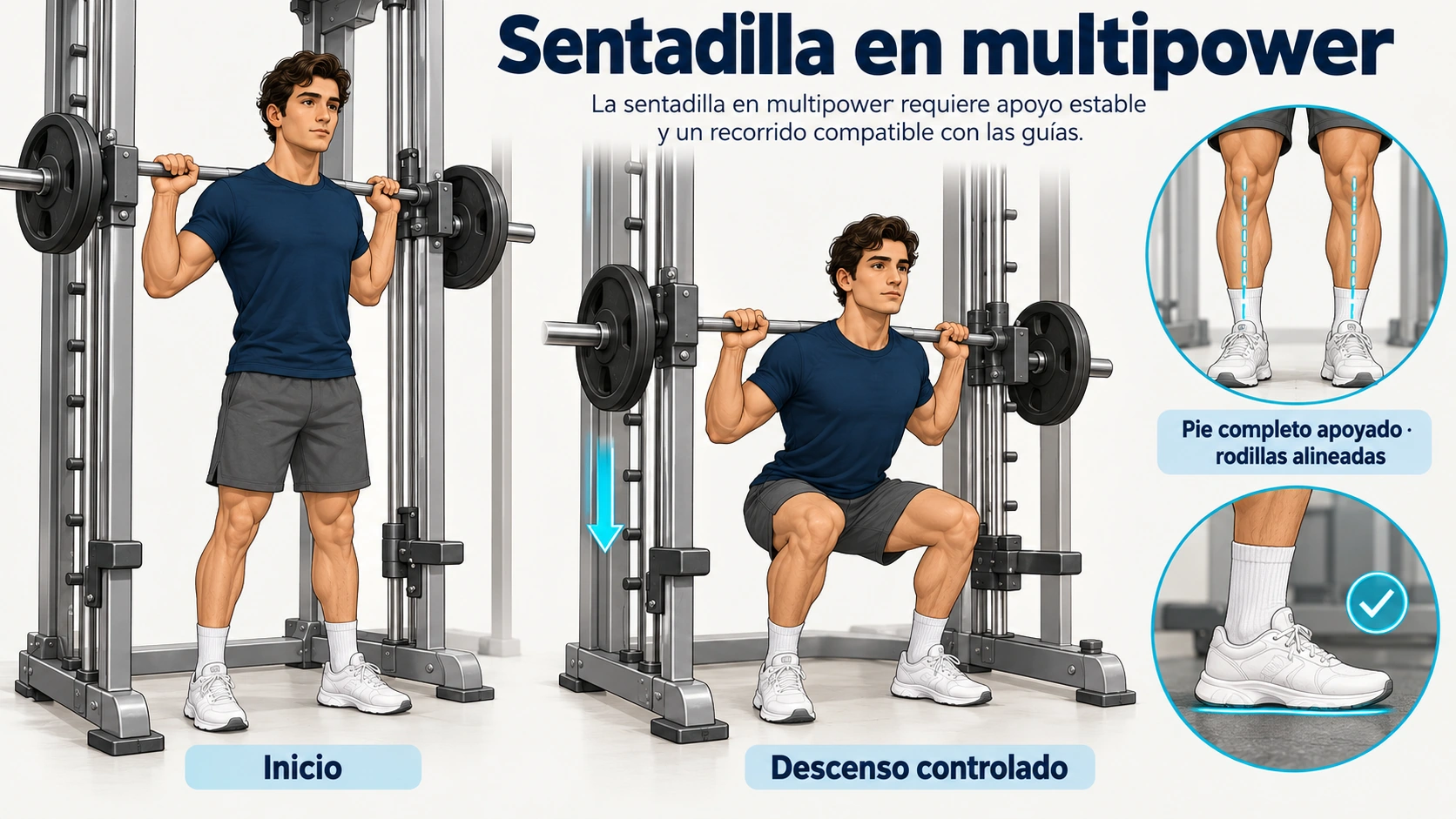 La sentadilla en multipower requiere apoyo estable y un recorrido compatible con las guías