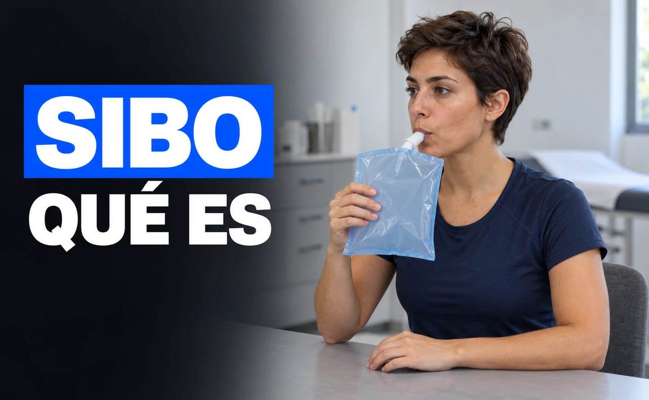Mujer joven recogiendo una muestra de aliento con una bolsa y boquilla, junto al titular «SIBO: qué es».