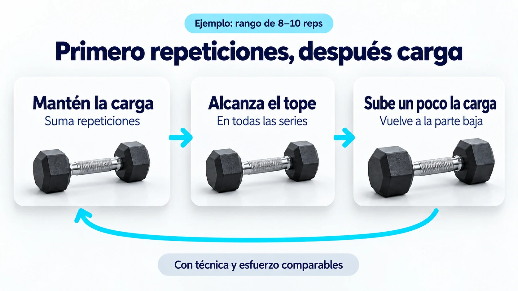 En la doble progresión se completa el rango de repeticiones antes de subir la carga.